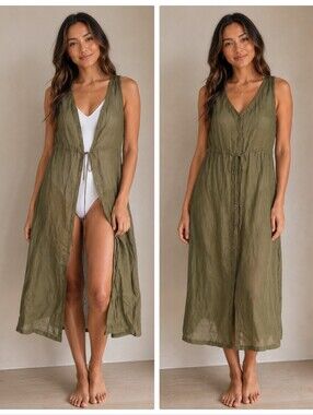 Tofino Towel Turkish Linen Button Dress Cover Up Lightweight Minimalist Green